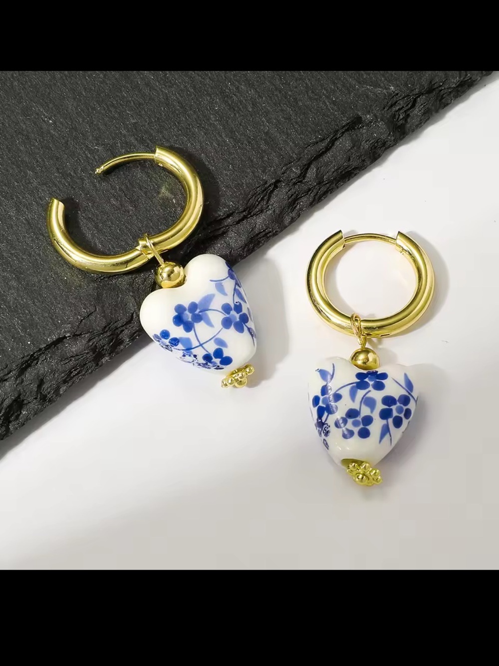 Gold Hoop Earrings with White & Blue Floral Heart Charms